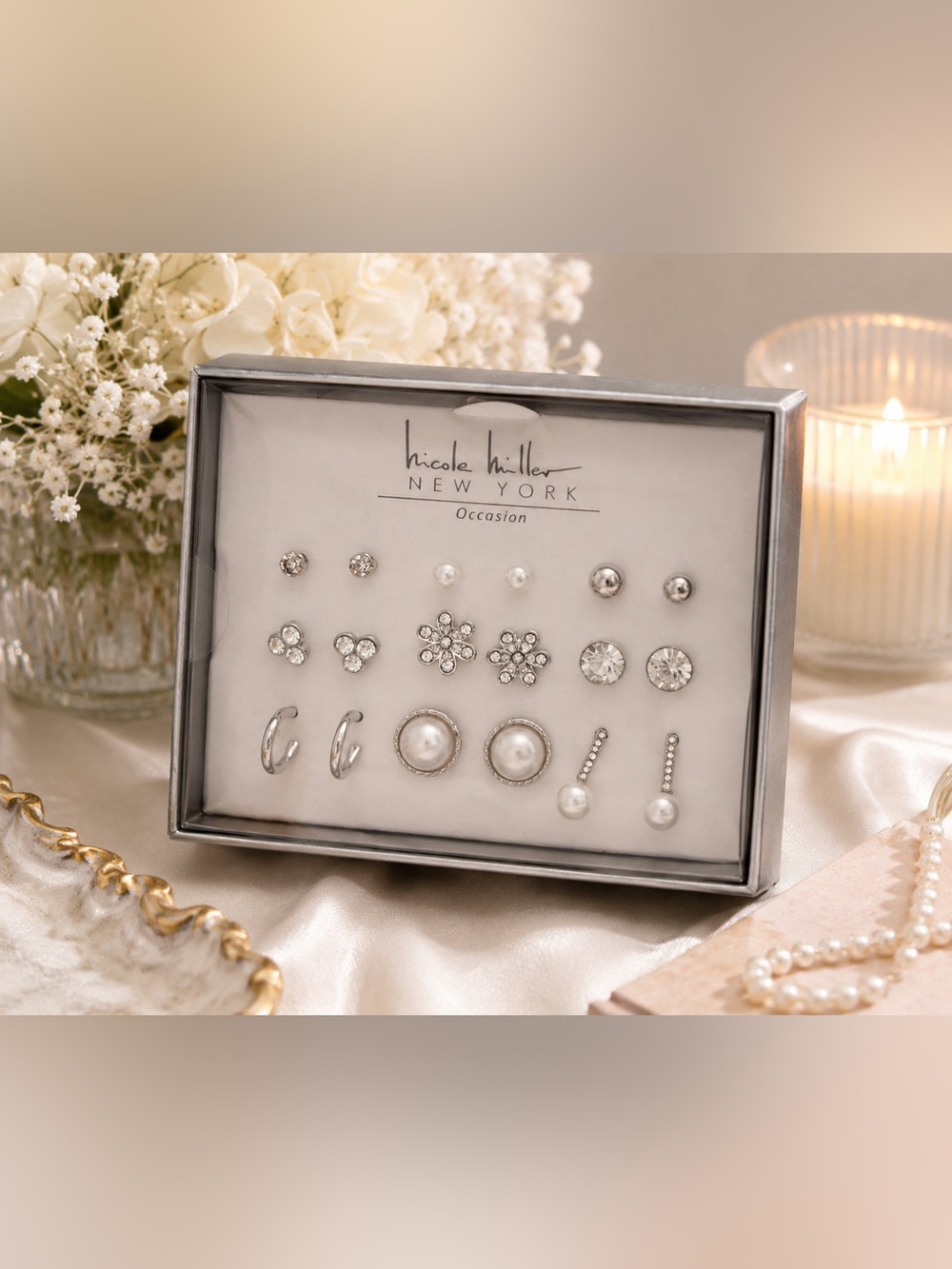 Nicole Miller New York Occasion 9 Pair Earring Set NIB Pearl Crystal